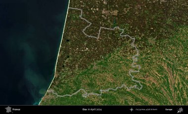 Dax. Nisan 2024 'te çekilen Copernicus Sentinel karolarından oluşan bir uydu görüntüsünde Fransa' nın idari bölgesinin ana hatlarını çizdim.