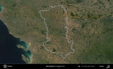 Deux-Sevres. Copernicus Sentinel 'in Ağustos 2021' de çekilen uydu görüntüsünde Fransa 'nın idari bölgesinin ana hatları belirlendi.