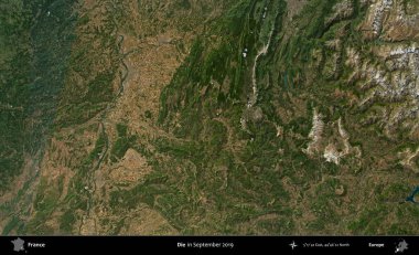 Öl! Eylül 2019 'da Copernicus Sentinel karolarından oluşan bir uydu görüntüsü üzerine Fransa' nın idari bölgesi