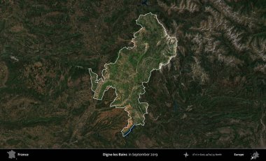 Digne-les-Bains. Fransa 'nın idari alanı, Eylül 2019' da çekilen Kopernik Nöbetçi karolarından oluşan koyu renkli bir uydu görüntüsü üzerinde vurgulandı ve özetlendi.