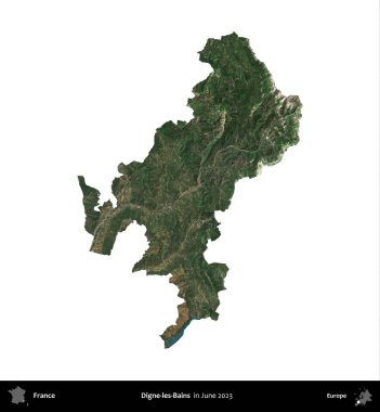 Digne-les-Bains. Fransa 'nın idari bölgesi, Haziran 2023' te çekilen Kopernik Nöbetçi karolarından oluşan bir uydu görüntüsüyle beyaza izole edildi.