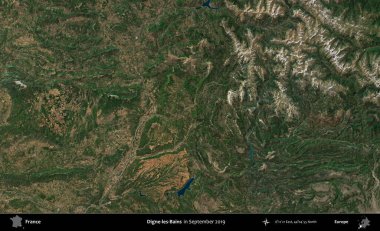 Digne-les-Bains. Eylül 2019 'da Copernicus Sentinel karolarından oluşan bir uydu görüntüsü üzerine Fransa' nın idari bölgesi