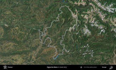 Digne-les-Bains. Haziran 2023 'te çekilen Copernicus Sentinel karolarından oluşan bir uydu görüntüsünde Fransa' nın idari bölgesinin ana hatları belirlendi.