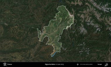 Digne-les-Bains. Fransa 'nın idari alanı, Haziran 2023' te çekilen Kopernik Nöbetçi karolarından oluşan koyu renkli bir uydu görüntüsüyle vurgulandı ve özetlendi.