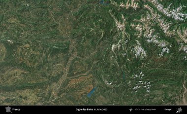 Digne-les-Bains. Copernicus Sentinel 'in Haziran 2023' te çekilmiş uydu görüntüsü üzerine Fransa 'nın idari bölgesi.