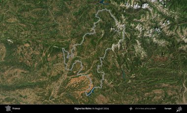 Digne-les-Bains. Copernicus Sentinel 'in Ağustos 2024' te çekilen uydu görüntüsünde Fransa 'nın idari bölgesinin ana hatları belirlendi.