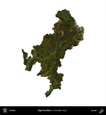 Digne-les-Bains. Fransa 'nın idari bölgesi, Ekim 2024' te çekilen Kopernik Nöbetçi karolarından oluşan uydu görüntüsüyle beyaza izole edildi.