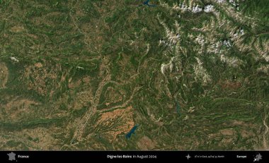 Digne-les-Bains. Copernicus Sentinel 'in Ağustos 2024' te çekilmiş uydu görüntüsü üzerine Fransa 'nın idari bölgesi.