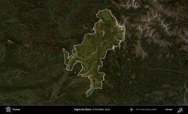 Digne-les-Bains. Fransa 'nın idari alanı, Ekim 2024' te çekilen Kopernik Nöbetçi karolarından oluşan koyu renkli bir uydu görüntüsü üzerinde vurgulandı ve özetlendi.