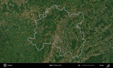 Dijon. Mayıs 2020 'de çekilen Copernicus Sentinel karolarından oluşan bir uydu görüntüsünde Fransa' nın idari bölgesinin ana hatları belirlendi.