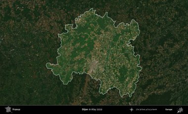 Dijon. Fransa 'nın idari alanı, Mayıs 2020' de çekilen Kopernik Nöbetçi karolarından oluşan koyu renkli bir uydu görüntüsü üzerinde vurgulandı ve özetlendi.