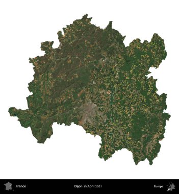Dijon. Fransa 'nın idari bölgesi, Nisan 2021' de çekilen Kopernik Nöbetçi karolarından oluşan bir uydu görüntüsü ile beyaza izole edildi.