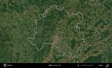 Dijon. Copernicus Sentinel 'in Haziran 2021' de çekilen uydu görüntüsünde Fransa 'nın idari bölgesinin ana hatları belirlendi.