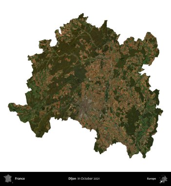 Dijon. Fransa 'nın idari bölgesi, Ekim 2021' de çekilen Kopernik Nöbetçi karolarından oluşan bir uydu görüntüsüyle beyaza izole edildi.