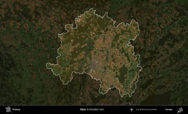 Dijon. Fransa 'nın idari alanı, Ekim 2021' de çekilen Kopernik Nöbetçi karolarından oluşan koyu renkli bir uydu görüntüsü üzerinde vurgulandı ve özetlendi.