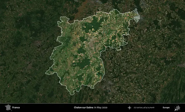 Chalon-sur-Saone. Fransa 'nın idari alanı, Mayıs 2020' de çekilen Kopernik Nöbetçi karolarından oluşan koyu renkli bir uydu görüntüsü üzerinde vurgulandı ve özetlendi.