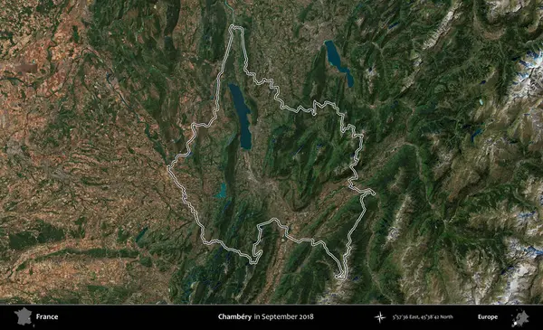 Chambery. Eylül 2018 'de çekilen Copernicus Sentinel karolarından oluşan bir uydu görüntüsünde Fransa' nın idari bölgesinin ana hatlarını çizdim.