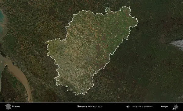 Charente. Fransa 'nın idari alanı, Mart 2021' de çekilen Kopernik Sentinel karolarından oluşan koyu renkli bir uydu görüntüsü üzerinde vurgulandı ve özetlendi.
