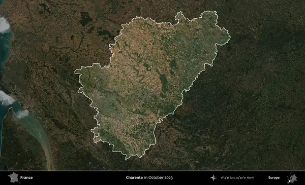 Charente. Fransa 'nın idari alanı, Ekim 2023' te çekilen Kopernik Nöbetçi karolarından oluşan koyu renkli bir uydu görüntüsü üzerinde vurgulandı ve özetlendi.