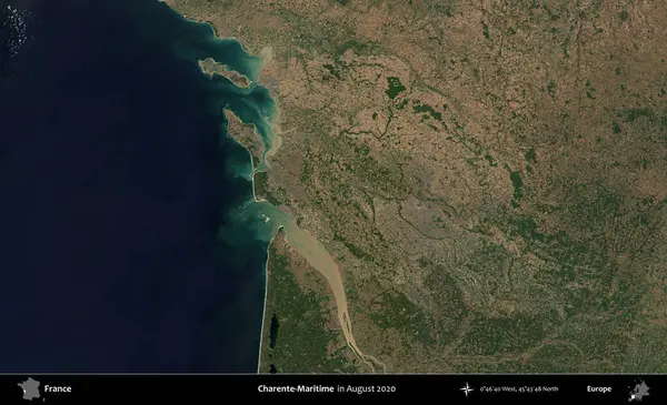Charente-Maritime. Copernicus Sentinel 'in Ağustos 2020' de çekilmiş uydu görüntüsü üzerine Fransa 'nın idari bölgesi.