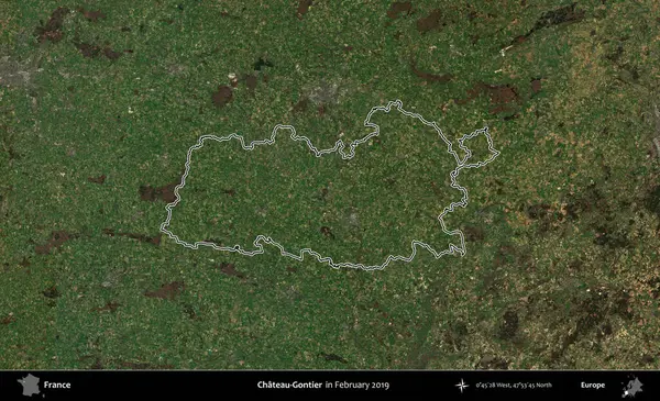 Şato-Gontier. Copernicus Sentinel 'in Şubat 2019' da çekilen uydu görüntüsünde Fransa 'nın idari bölgesinin ana hatları belirlendi.
