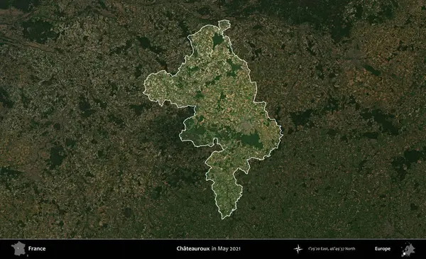 Chateauroux. Fransa 'nın idari alanı, Mayıs 2021' de çekilen Kopernik Sentinel karolarından oluşan koyu renkli bir uydu görüntüsü üzerinde vurgulandı ve özetlendi.