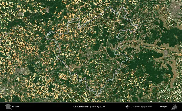 Şato-Thierry. Mayıs 2020 'de çekilen Copernicus Sentinel karolarından oluşan bir uydu görüntüsünde Fransa' nın idari bölgesinin ana hatları belirlendi.