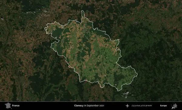 İstiridye. Fransa 'nın idari alanı, Eylül 2021' de çekilen Kopernik Sentinel karolarından oluşan koyu renkli bir uydu görüntüsü üzerinde vurgulandı ve özetlendi.