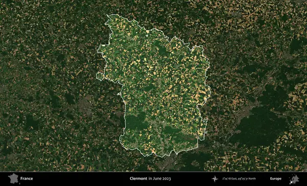 Clermont 'ta. Fransa 'nın idari alanı, Haziran 2023' te çekilen Kopernik Nöbetçi karolarından oluşan koyu renkli bir uydu görüntüsüyle vurgulandı ve özetlendi.