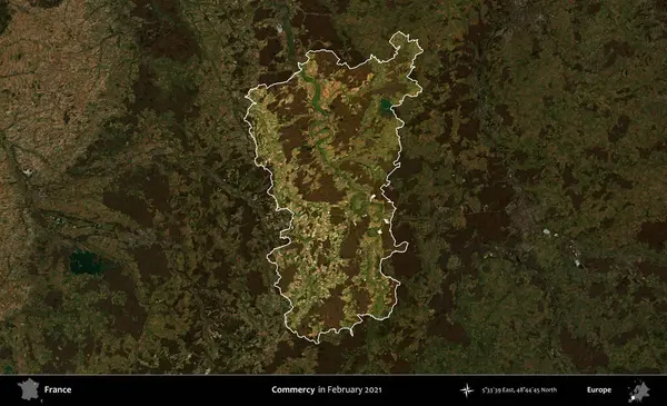 Merhamet et. Fransa 'nın idari alanı, Şubat 2021' de çekilen Kopernik Sentinel karolarından oluşan koyu renkli bir uydu görüntüsü üzerinde vurgulandı ve özetlendi.
