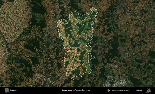Merhamet et. Fransa 'nın idari alanı, Eylül 2021' de çekilen Kopernik Sentinel karolarından oluşan koyu renkli bir uydu görüntüsü üzerinde vurgulandı ve özetlendi.