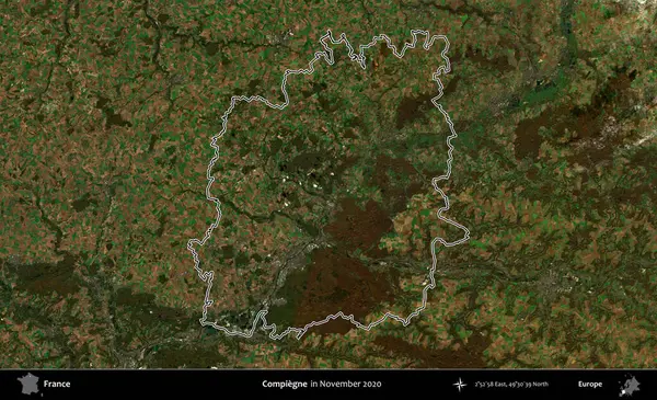Compiegne. Copernicus Sentinel 'in Kasım 2020' de çekilen uydu görüntüsünde Fransa 'nın idari bölgesinin ana hatları belirlendi.