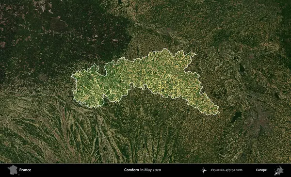 Prezervatif. Fransa 'nın idari alanı, Mayıs 2020' de çekilen Kopernik Nöbetçi karolarından oluşan koyu renkli bir uydu görüntüsü üzerinde vurgulandı ve özetlendi.
