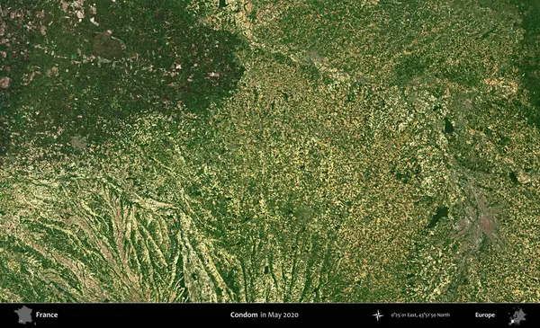 Prezervatif. Mayıs 2020 'de Copernicus Sentinel karolarından oluşan bir uydu görüntüsü üzerine Fransa' nın idari bölgesi
