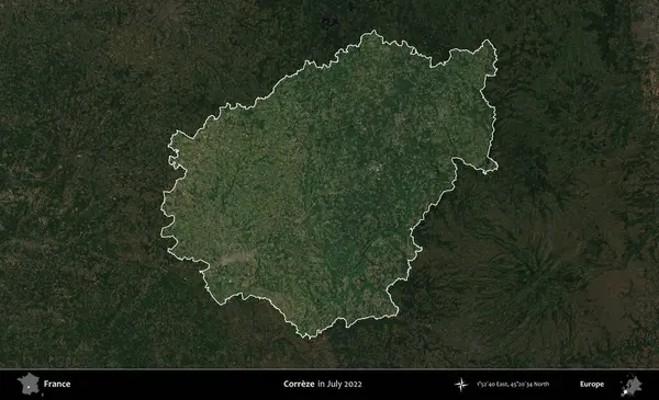Correze. Fransa 'nın idari alanı, Temmuz 2022' de çekilen Kopernik Nöbetçi karolarından oluşan koyu renkli bir uydu görüntüsüyle vurgulandı ve özetlendi.