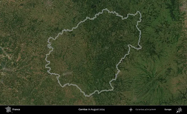 Correze. Copernicus Sentinel 'in Ağustos 2024' te çekilen uydu görüntüsünde Fransa 'nın idari bölgesinin ana hatları belirlendi.