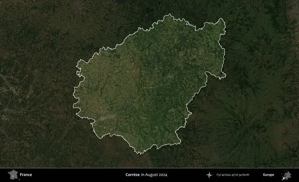 Correze. Fransa 'nın idari alanı, Ağustos 2024' te çekilen Kopernik Sentinel karolarından oluşan koyu renkli bir uydu görüntüsü üzerinde vurgulandı ve özetlendi.