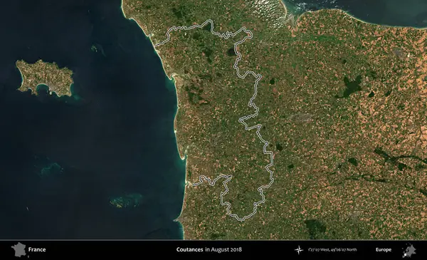 Coutances. Copernicus Sentinel 'in Ağustos 2018' de çekilen uydu görüntüsünde Fransa 'nın idari bölgesinin ana hatları belirlendi.