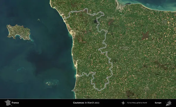 Coutances. Mart 2022 'de çekilen Copernicus Sentinel karolarından oluşan bir uydu görüntüsünde Fransa' nın idari bölgesinin ana hatları belirlendi.