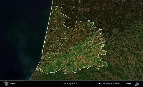 Dax. Fransa 'nın idari alanı, Nisan 2024' te çekilen Kopernik Nöbetçi karolarından oluşan koyu renkli bir uydu görüntüsü üzerinde vurgulandı ve özetlendi.