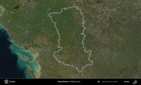 Deux-Sevres. Mart 2021 'de çekilen Copernicus Sentinel karolarından oluşan bir uydu görüntüsünde Fransa' nın idari bölgesinin ana hatları belirlendi.