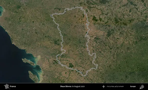 Deux-Sevres. Copernicus Sentinel 'in Ağustos 2021' de çekilen uydu görüntüsünde Fransa 'nın idari bölgesinin ana hatları belirlendi.