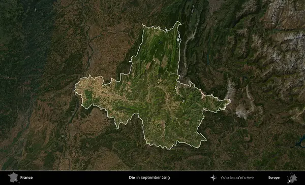 Öl! Fransa 'nın idari alanı, Eylül 2019' da çekilen Kopernik Nöbetçi karolarından oluşan koyu renkli bir uydu görüntüsü üzerinde vurgulandı ve özetlendi.