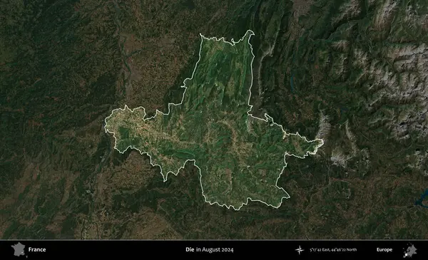 Öl! Fransa 'nın idari alanı, Ağustos 2024' te çekilen Kopernik Sentinel karolarından oluşan koyu renkli bir uydu görüntüsü üzerinde vurgulandı ve özetlendi.