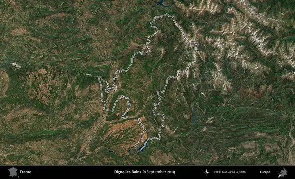Digne-les-Bains. Eylül 2019 'da çekilen Copernicus Sentinel karolarından oluşan bir uydu görüntüsünde Fransa' nın idari bölgesinin ana hatlarını çizdim.
