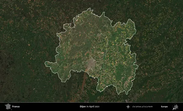 Dijon. Fransa 'nın idari alanı, Nisan 2021' de çekilen Kopernik Sentinel karolarından oluşan koyu renkli bir uydu görüntüsü üzerinde vurgulandı ve özetlendi.