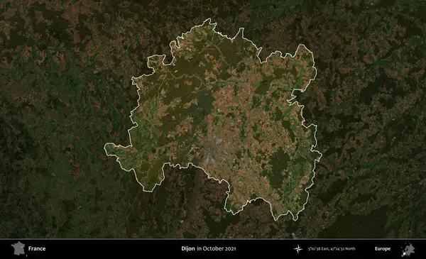 Dijon. Fransa 'nın idari alanı, Ekim 2021' de çekilen Kopernik Nöbetçi karolarından oluşan koyu renkli bir uydu görüntüsü üzerinde vurgulandı ve özetlendi.
