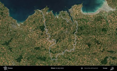 Dinan. Copernicus Sentinel 'in Temmuz 2020' de çekilen uydu görüntüsünde Fransa 'nın idari bölgesinin ana hatları belirlendi.