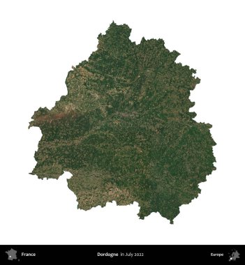 Dordogne. Fransa 'nın idari bölgesi, Temmuz 2022' de çekilen Kopernik Nöbetçi karolarından oluşan bir uydu görüntüsüyle beyaza izole edildi.