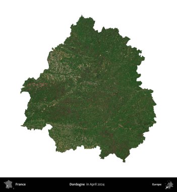 Dordogne. Fransa 'nın idari bölgesi, Nisan 2024' te çekilen Kopernik Nöbetçi karolarından oluşan bir uydu görüntüsü ile beyaza izole edildi.